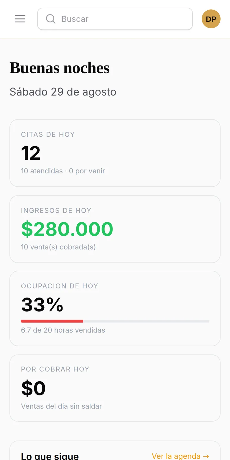 El escritorio en el celular: 12 citas del día, $280.000 de ingresos y 33% de ocupación.